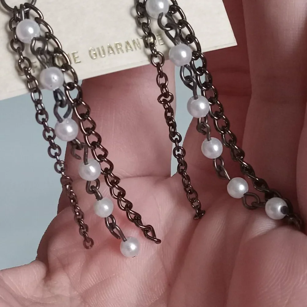 Impressions Gunmetal Gray and Silver Beaded Triple  Chain Dangle Drop Earrings